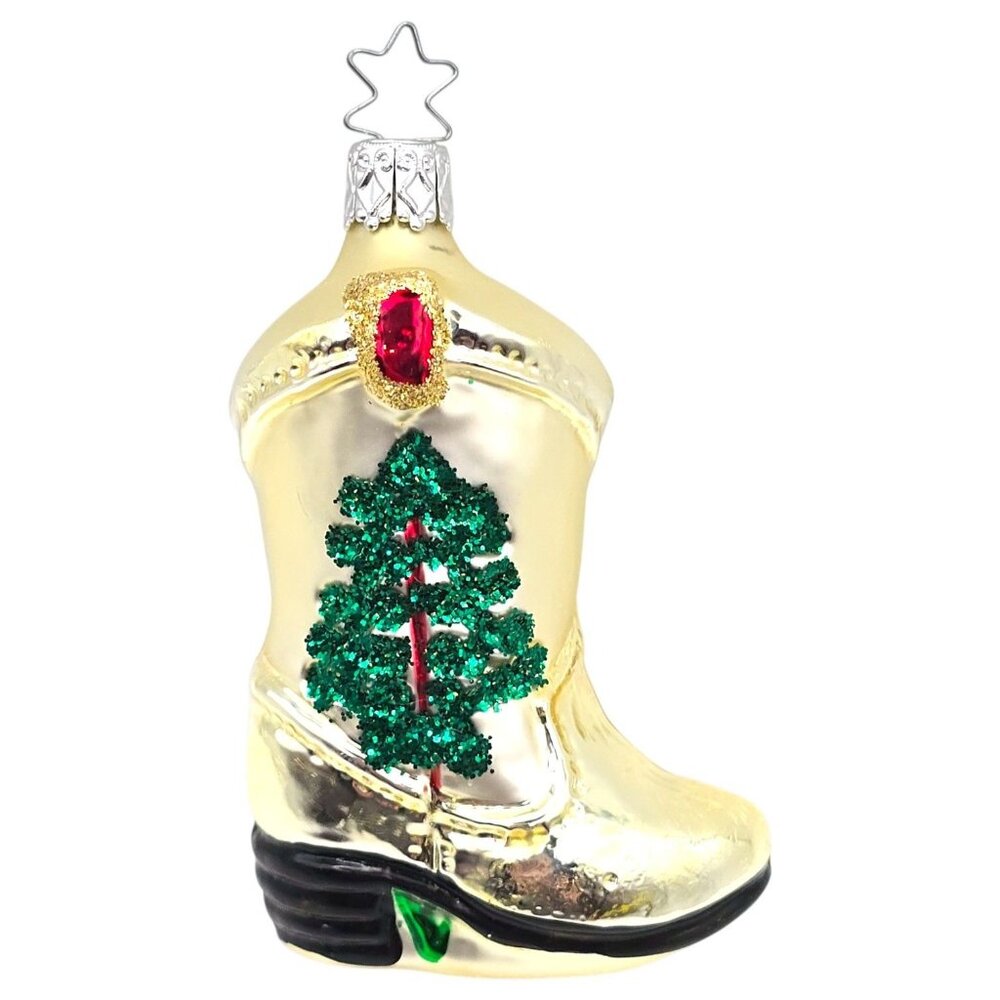German Gold Cowboy Boot Christmas Tree Ornament Glitter Star Hanger Inge Western
